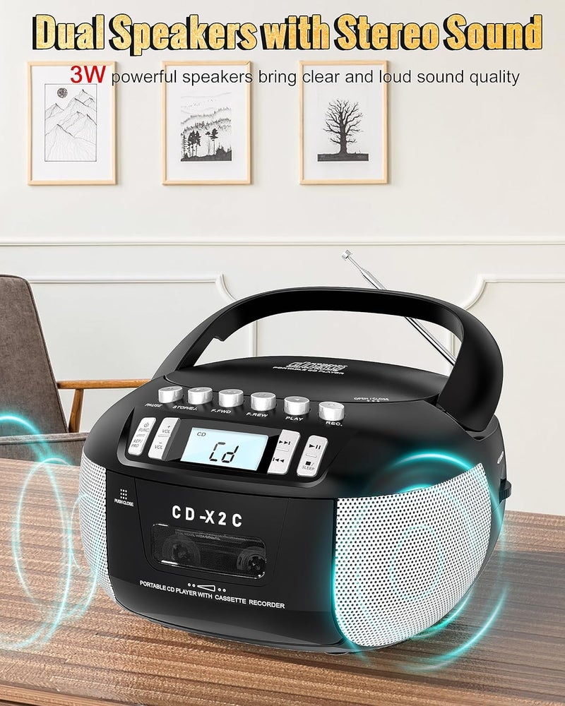 Sunoony مجموعة مشغل CD وكاسيت، مشغل CD محمول مع راديو AM/FM، تسجيل شريط، صوت ستيريو، يعمل بالتيار المتردد/المستمر، مدخل AUX/سماعة رأس، مؤقت نوم للاستخدام المنزلي، لكبار السن، الأطفال - Image 5